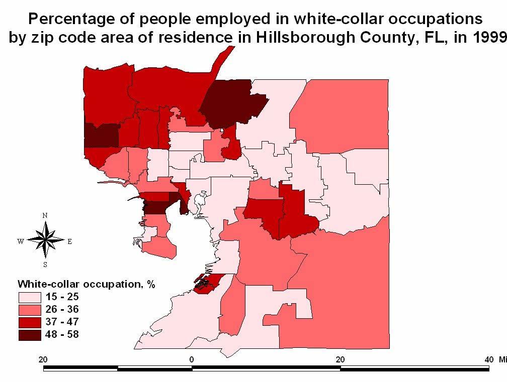 White-collar occupation White collar occupation described the percentage of population employed in professional and managerial positions in different zip code areas of residence in Hillsborough