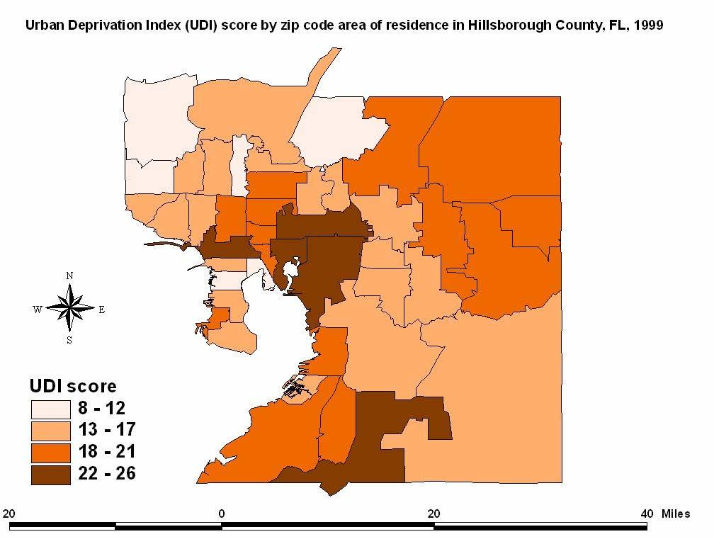 Picture 15. UDI score by zip code area of residence in Hillsborough County, FL, 1999 Calculated UDI values varied from the index score of 7.9 to 25.9 with a mean value of 16.9 (SE=0.