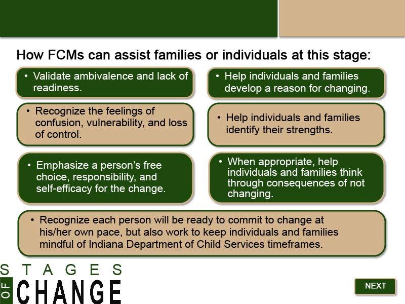 Slide 12 - Stage 2: FCM Assistance How FCMs can assist families or individuals at this stage: Validate ambivalence and lack of readiness.