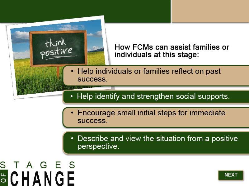 Slide 17 - Stage 3: FCM Assistance - 1 How FCMs can assist families or individuals at this stage: Help individuals or families reflect on past success.