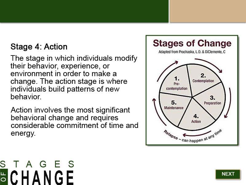 Slide 20 - Stage 4: Action Stage 4: Action The stage in which individuals modify their behavior, experience or environment in order to make a change.