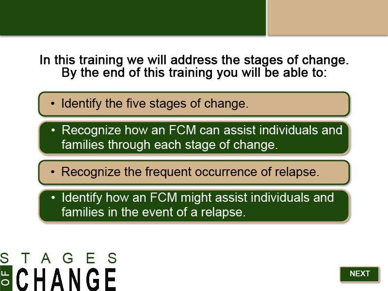 Slide 2 - Objectives In this training we will address the stages of change. By the end of this training you will be able to: Identify the five stages of change.