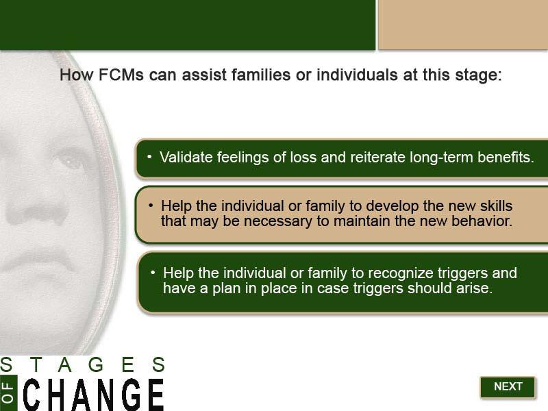 Slide 27 - Stage 5: FCM Assistance How FCMs can assist families or individuals at this stage: Validate feelings of loss and reiterate long-term benefits.
