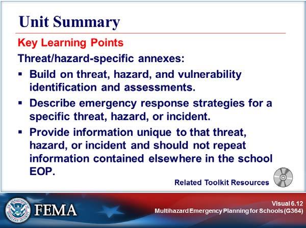 UNIT SUMMARY Visual 6.12 In this unit, the fllwing key pints were presented: Threat/hazard-specific annexes: Build n threat, hazard, and vulnerability identificatin and assessments.
