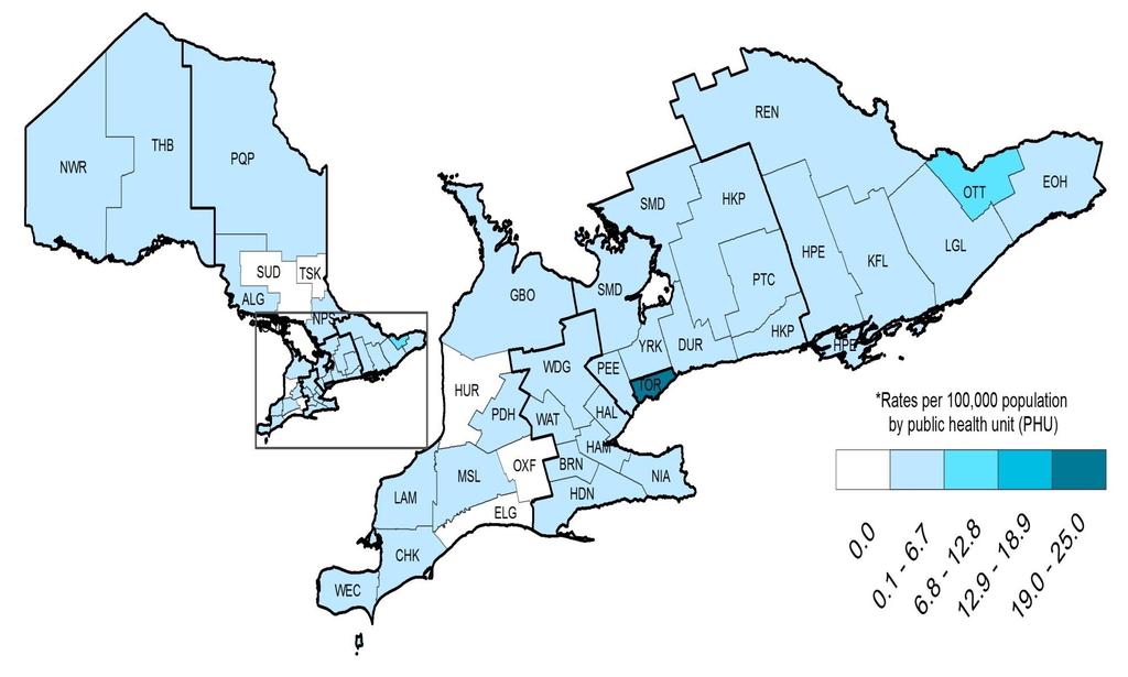 Infectious syphilis by public health unit: Ontario, 2015 5 29 1 0 1 Ontario cases: Ontario Ministry of Health and Long-Term Care (MOHLTC), integrated Public Health Information