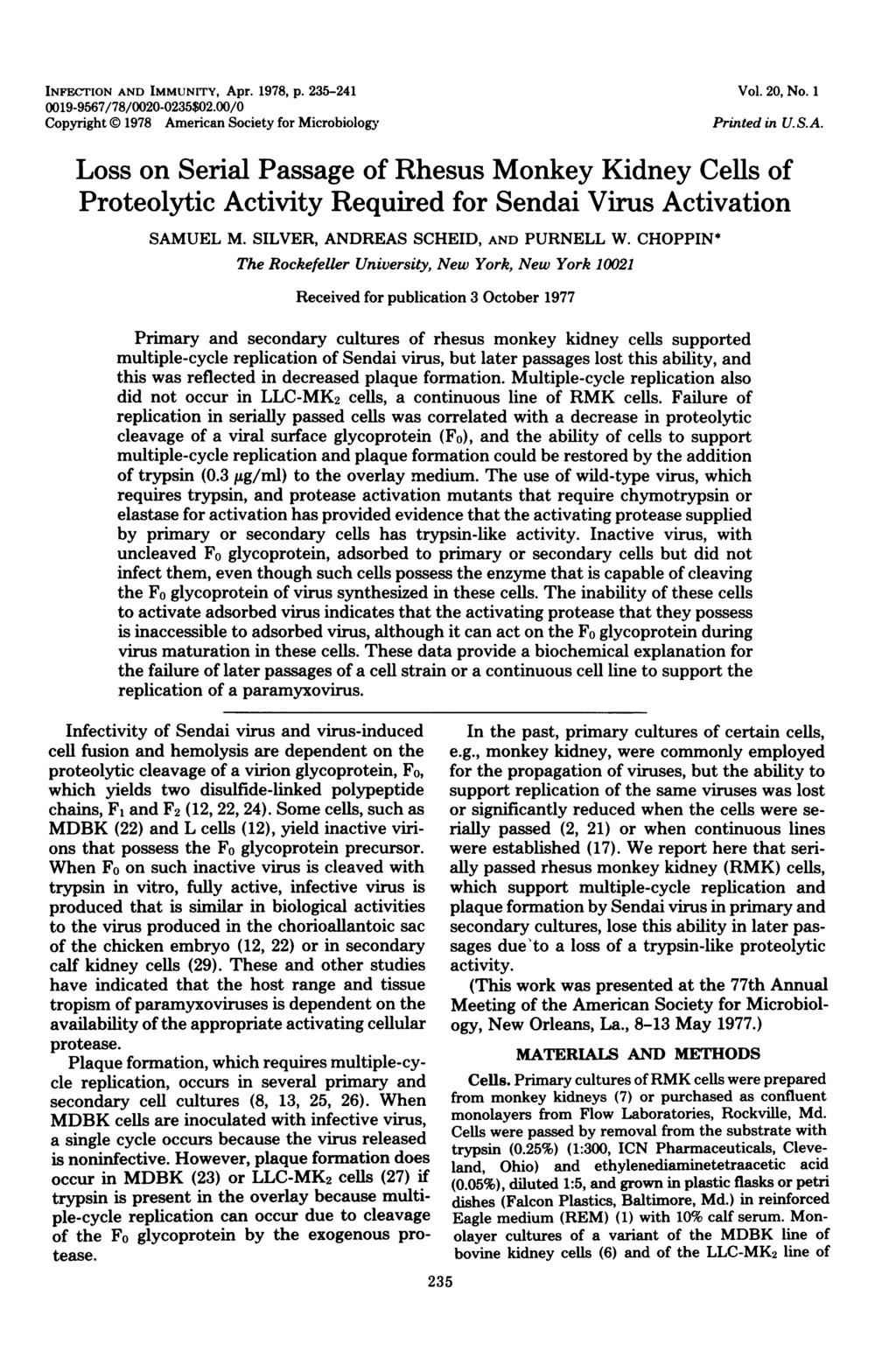 INFECTION AND IMMUNITY, Apr. 1978, p. 235-241 0019-9567/78/0020-0235$02.00/0 Copyright 1978 American Society for Microbiology Vol. 20, No.