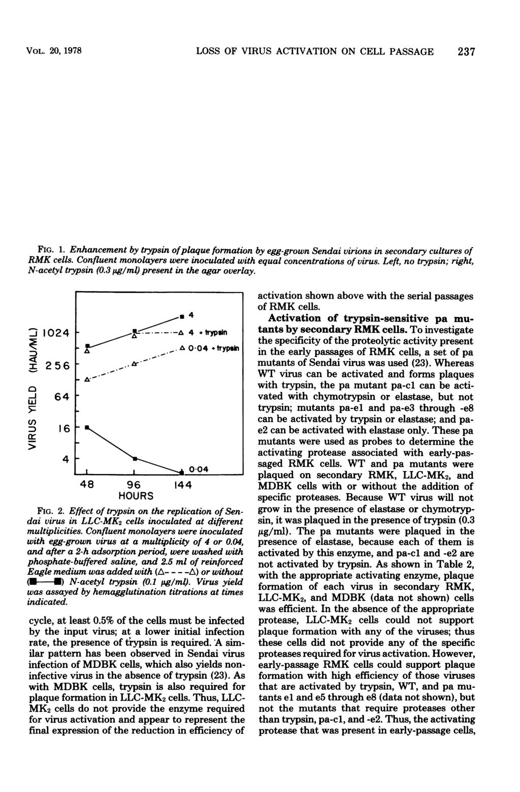 VOL. 20, 1978 LOSS OF VIRUS ACTIVATION ON CELL PASSAGE 237 FIG. 1. Enhancement by trypsin ofplaque formation by egg-grown Sendai virions in secondary cultures of RMK cells.