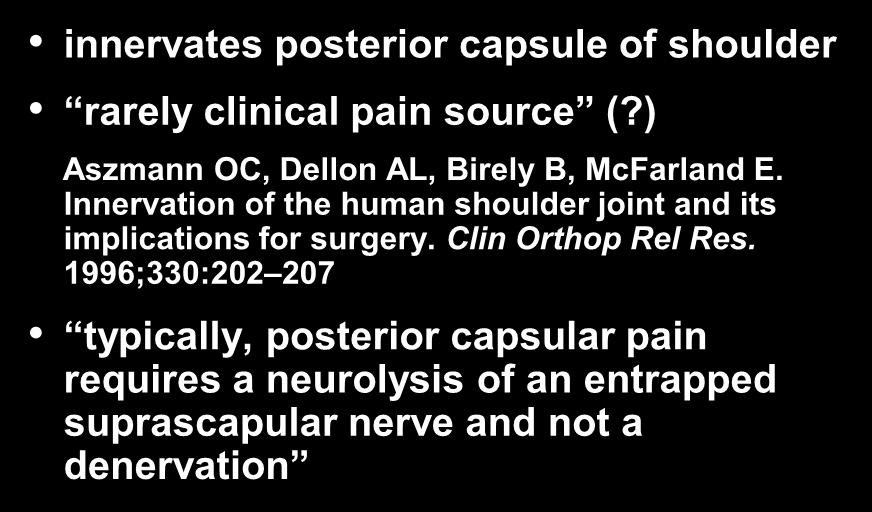 Suprascapular Nerve innervates posterior capsule of shoulder rarely clinical pain source (?) Aszmann OC, Dellon AL, Birely B, McFarland E.