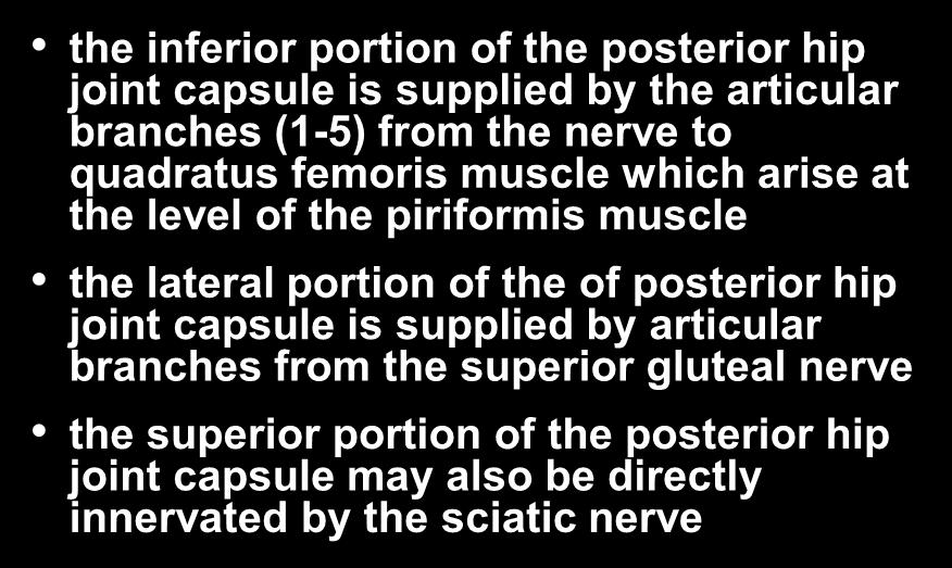 Hip Joint Innervation-Posterior the inferior portion of the posterior hip joint capsule is supplied by the articular branches (1-5) from the nerve to quadratus femoris muscle which arise at the level