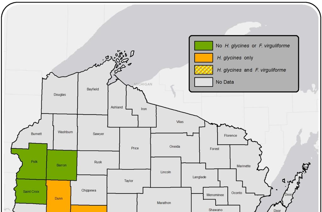 FIGURE 2 Wisconsin counties where soil samples were submitted from soybean fields that