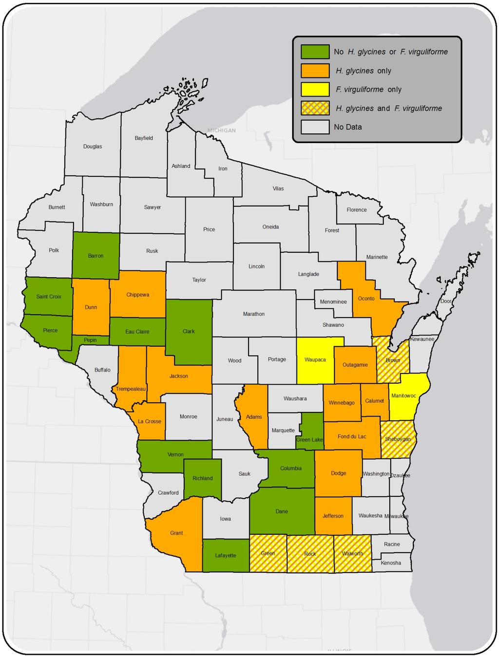 FIGURE 3 Wisconsin counties where soil samples were submitted from soybean fields that tested positive for Heterodera glycines (orange shading), Fusarium virguliforme (yellow shading), both H.