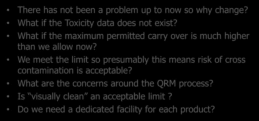 Control of Cross Contamination using HBEL Industry Questions There has not been a problem up to now so why change? What if the Toxicity data does not exist?