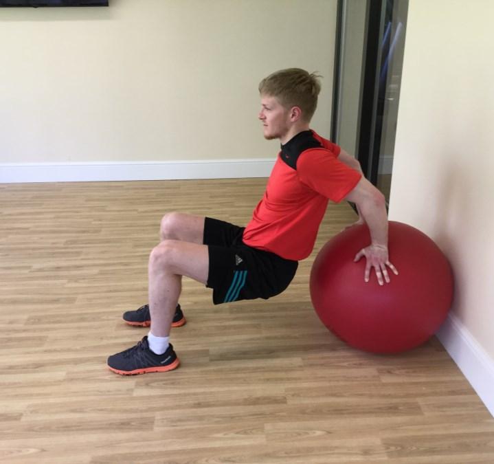 If this is successful repeat the above and add the tricep dips (once the bottom clears the ball) by bending the elbows, hips and knees whilst keeping your spine lengthened.
