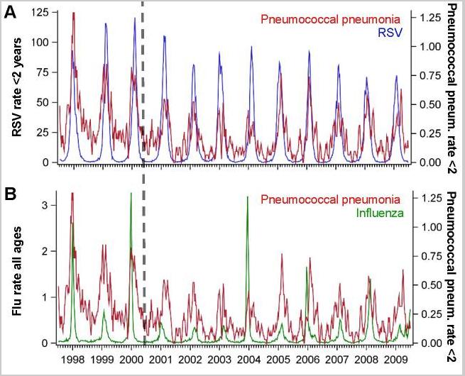 Pneumococcal seasonality: RSV, Flu US in-patient dataset. 1992 2008.