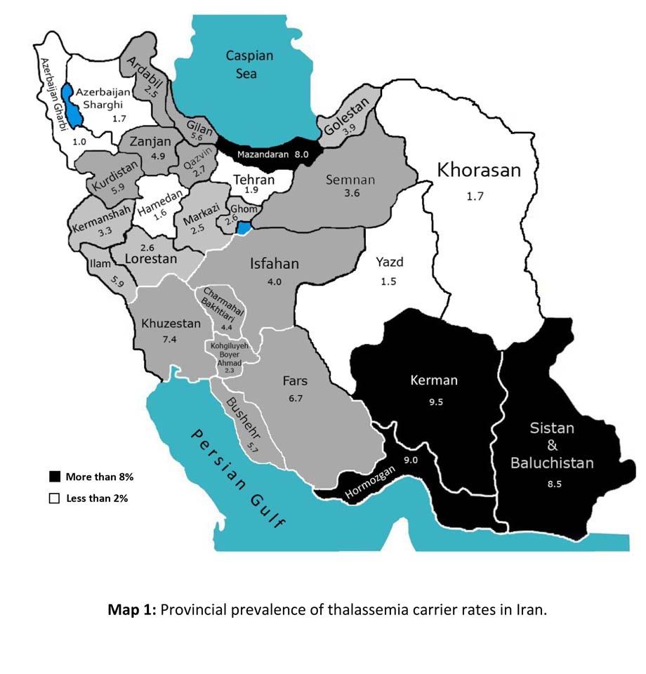 province neighboring Pakistan (Map 1). It seems that the average β-thalassemia prevalence rate in Iran is closer to Malaysia with the prevalence rate of 4.5% 17.