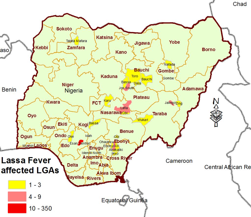 2. Lassa Fever in Nigeria Nigeria continues to experience outbreaks of Lassa Fever in different parts of the country. From 01 January - 11 May 2014, a total of 521 cases including 24 deaths (CFR: 4.