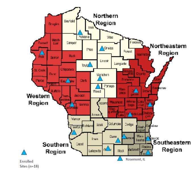 Influenza Surveillance in Wisconsin Multi-element approach 2. Enrolled Surveillance Sites 17 labs in 5 public health regions. Provide randomized specimens weekly.