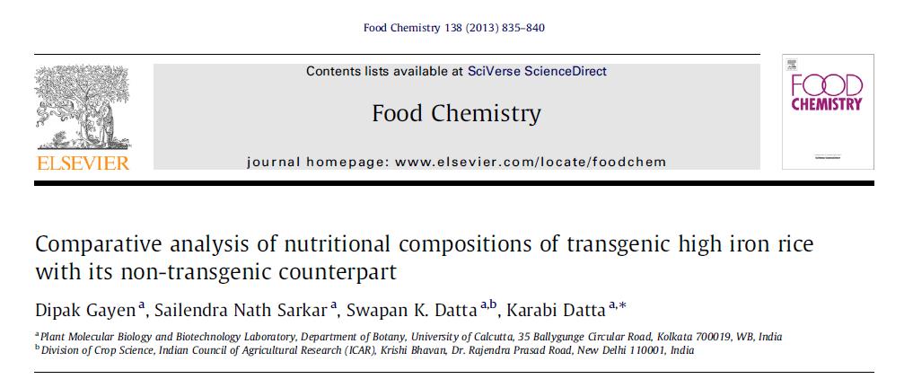Research highlights: The nutritional composition of grains of high iron transgenic rice (FR-19-7, the transgenic IR68144 line developed,vasconcelos et al,2003) is comparable to that of non-transgenic