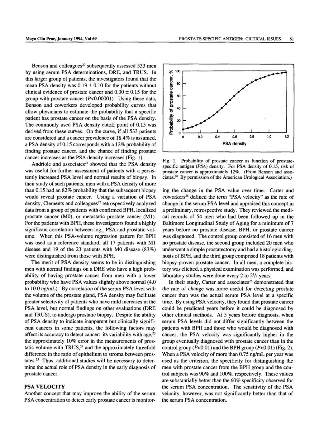 Mayo Clin Proc, January 1994, Vol 69 PROSTATE-SPECIFIC ANTIGEN: CRITICAL ISSUES 61 Benson and colleagues 20 subsequently assessed 533 men by using serum PSA determinations, DRE, and TRUS.