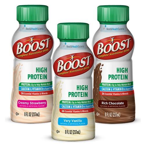 Nestlé - enteral nutrition product examples Description: Boost High Protein is a ready-todrink product designed for people who need to