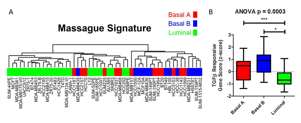 Supplemental Figure 2. TGFβ activation signature marks human breast cancer cell lines with basal-like gene expression.
