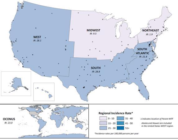 Regionally, the South, South Atlantic, West, and OCONUS incidence rates were approximately equal to or above the overall annual CDI MHS incidence rate, whereas the incidence rates in the Midwest and
