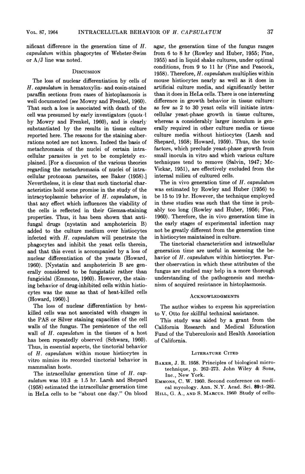 VOL. 87, 1964 INTRACELLULAR BEHAVIOR OF H. CAPSULATUM 37 nificant difference in the generation time of H. capsulatum within phagocytes of Webster-Swiss or A/J line was noted.