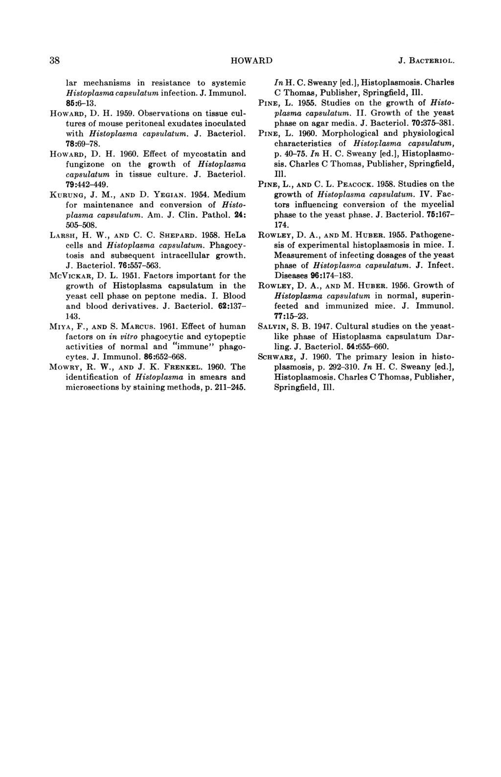 38 HOWARD J. BACTERIOL. lar mechanisms in resistance to systemic Histoplasma capsulatum infection. J. Immunol. 85:6-13. HOWARD, D. H. 1959.