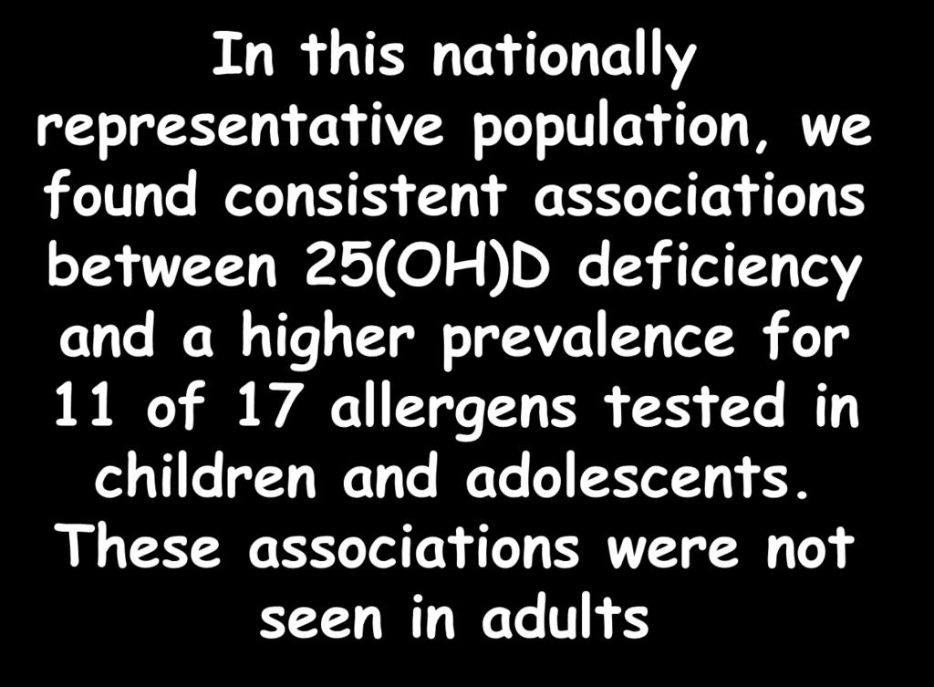 Vitamin D levels and food and environmental allergies in the United States: Results from the National Health and Nutrition Examination Survey 2005-2006.