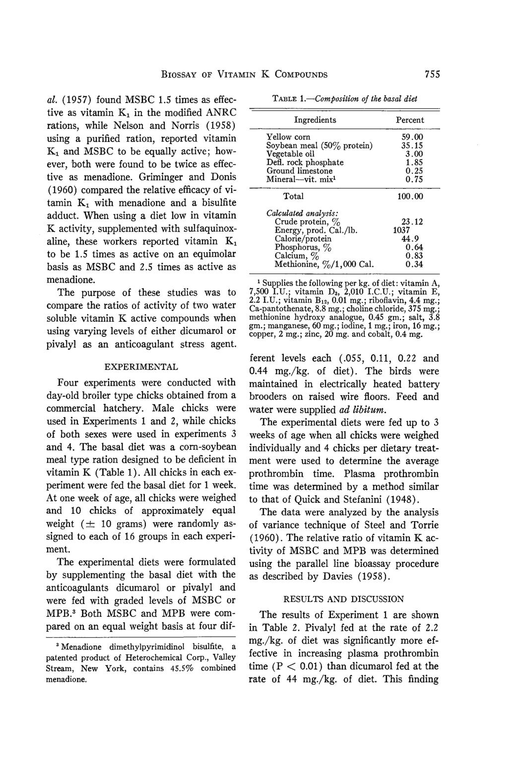 BIOSSAY OF VITAMIN K COMPOUNDS 755 al. (1957) found 1.
