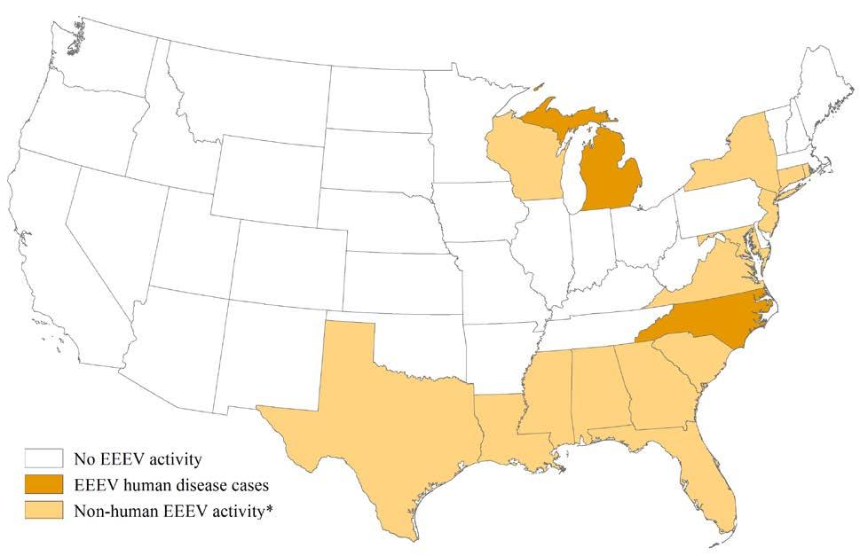 Eastern equine encephalitis virus (EEEV) activity in 2016 As of October 11 th, two counties in two states (Michigan and North Carolina) reported human cases of EEEV disease to ArboNET for 2016