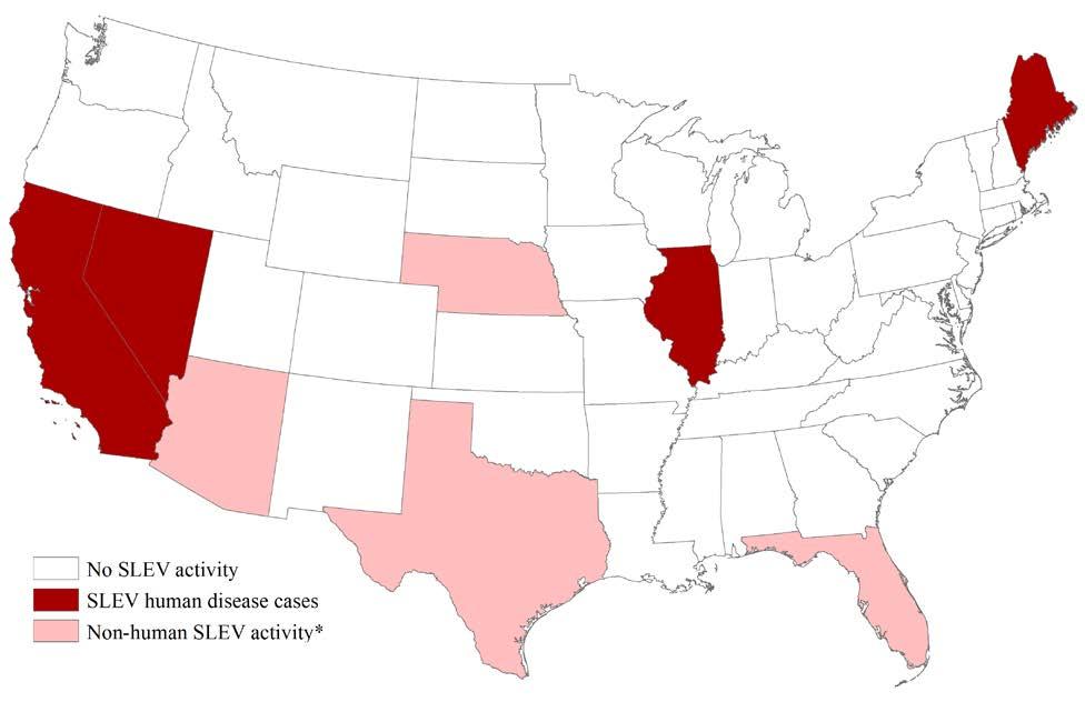 St. Louis encephalitis virus (SLEV) activity in 2016 As of October 11 th, four counties in four states have reported human cases of SLEV disease to ArboNET for 2016 [Figure 8 and Table 6].