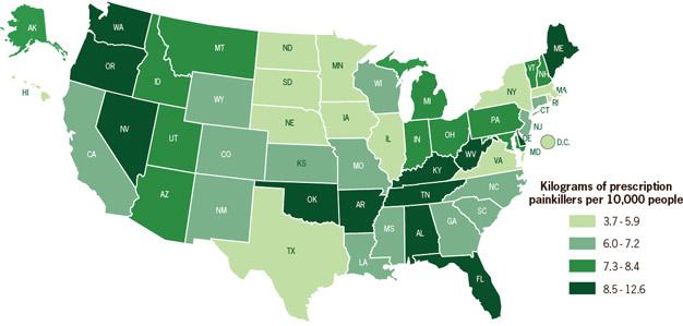 Amount of prescription painkillers sold by state per 10,000 people (2010) SOURCE: Automation of