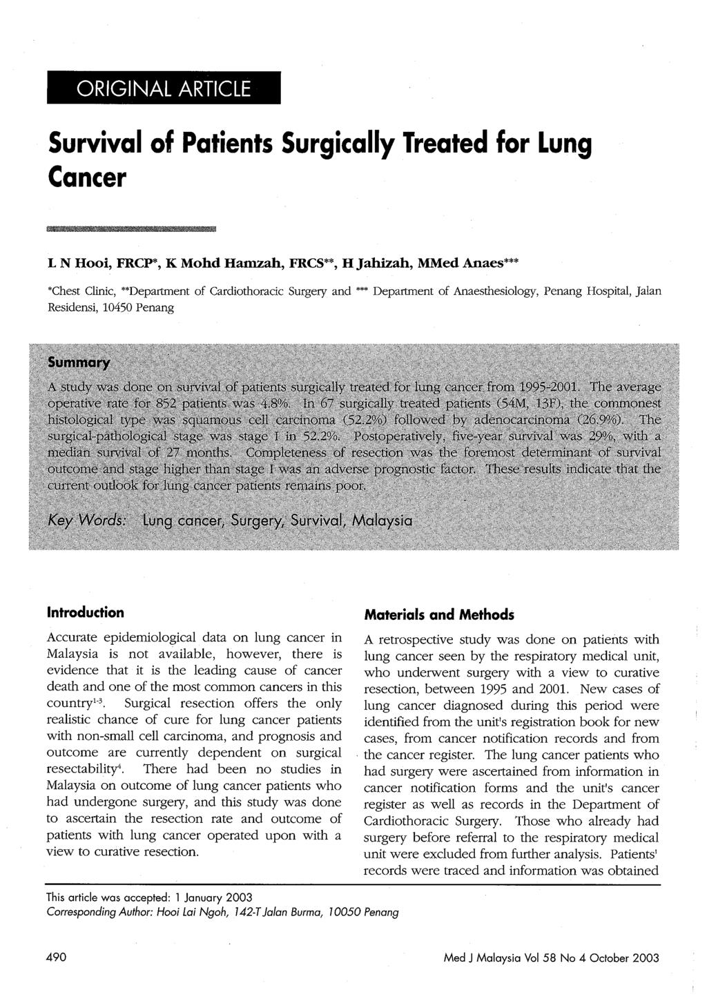 ORIGINAL ARTICLE Survival of Patients Surgically Treated for Lung Cancer _'Illllllllll!
