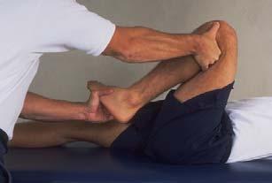 The examiner places one hand on the foot and one hand over the top of the knee, fingers touching the medial joint line.
