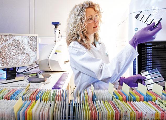 MEDICINE Colorful array of samples: biological lab technician Claudia Kamfenkel examines tissue samples in the automatic scanner.