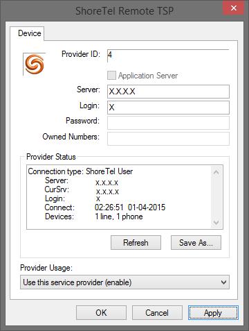 d. In Provider Usage section, verify that Use this service provider (enable) is selected. e. If you are failed to get above steps means ShoreTel Remote TAPI Service Provider is not installed properly.