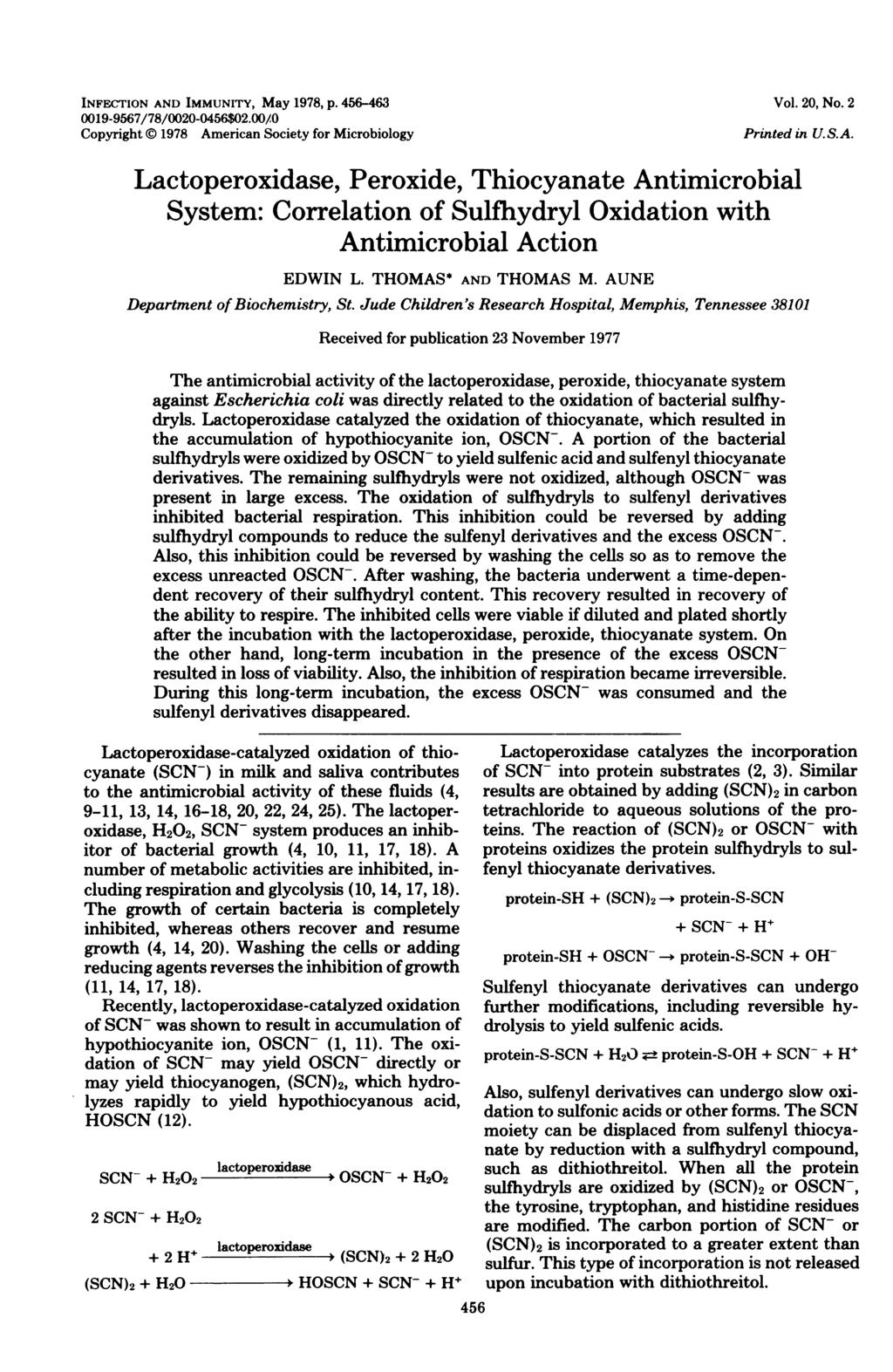 INFECTION AND IMMUNITY, May 1978, p. 456-463 19-9567/78/2-456$2./ Copyright 1978 American Society for Microbiology Vol. 2, No. 2 Printed in U.S.A. Lactoperoxidase, Peroxide, Thiocyanate Antimicrobial System: Correlation of Sulfhydryl Oxidation with Antimicrobial Action EDWIN L.