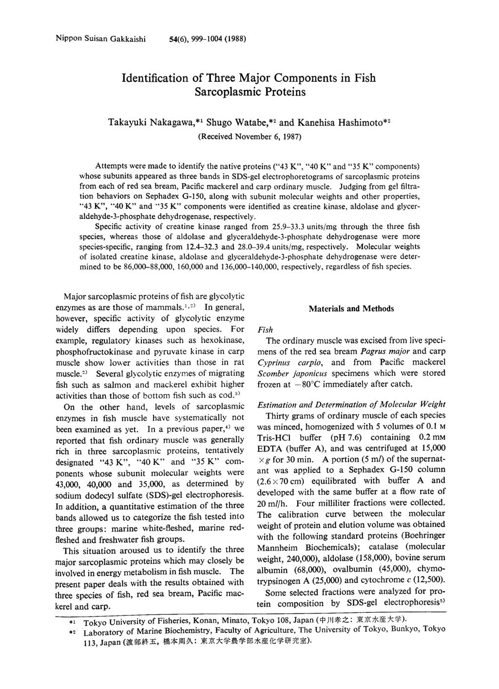 Nippon Suisan Gakkaishi 54(6), 999-1004 (1988) Identification of Three Major Components in Fish Sarcoplasmic Proteins Takayuki Nakagawa,*1 Shugo Watabe,*2 and Kanehisa Hashimoto*2 (Received November