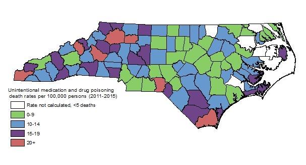 Unintentional Medication & Drug Deaths by County North Carolina Residents, 2011-2015* $1.