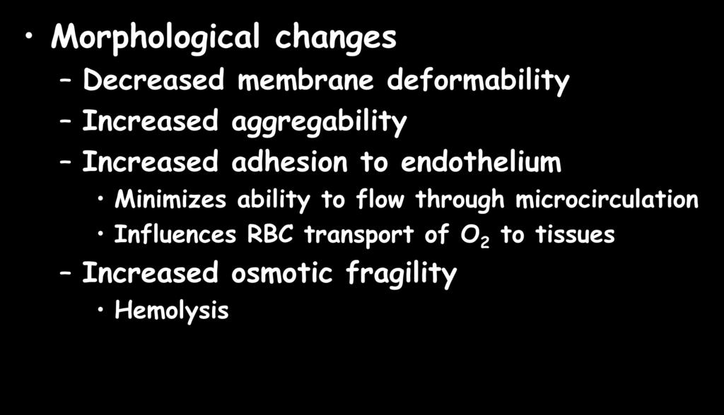 Why Old Blood is Bad Morphological changes Decreased membrane deformability Increased aggregability Increased adhesion to