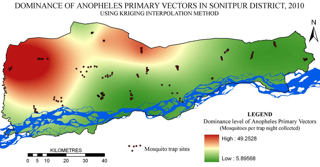 In this study, the interpolation technique for Anopheles primary vector was carried out and it revealed the abundance of vectors in the north-eastern part of the district (Fig. 5.6).