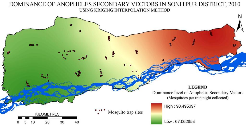 The interpolation of Anopheles secondary vectors revealed the dominance of secondary vectors in the eastern part of the district (Fig. 5.7).