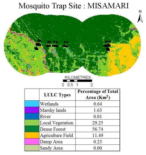 Figure 5.8 (b): Land Use Land Cover (LULC) in Misamari under buffer of 2 km from mosquito trap site Table 5.2 (b): Different mosquito species at Misamari trap site Anopheles (A+B+C) 46.15 An.