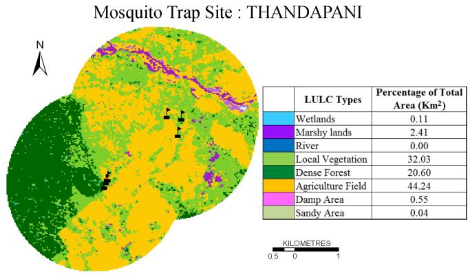 8 (r): Land Use Land Cover (LULC) in Thandapani under buffer of 2 km from mosquito trap site Table 5.2 (q): Different mosquito species at Sialmari trap site Anopheles (A+B+C) 38.11 An. Primary (A).