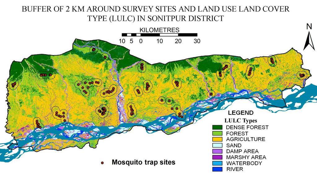 A buffer of 2 kilometres from the point of mosquito trap sites was created using GIS software, considering the flight range of mosquito.