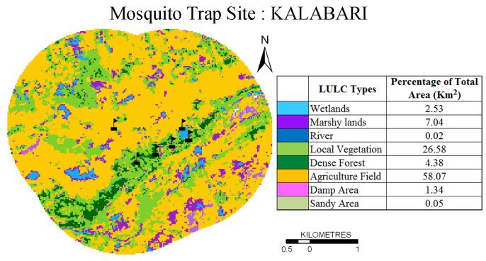 Kalabari situated in south-east direction of Gohpur PHC under land use land cover contains agricultural fields (58.7%) followed by vegetation (26.58%), marshy land (7.4%), dense forest (4.