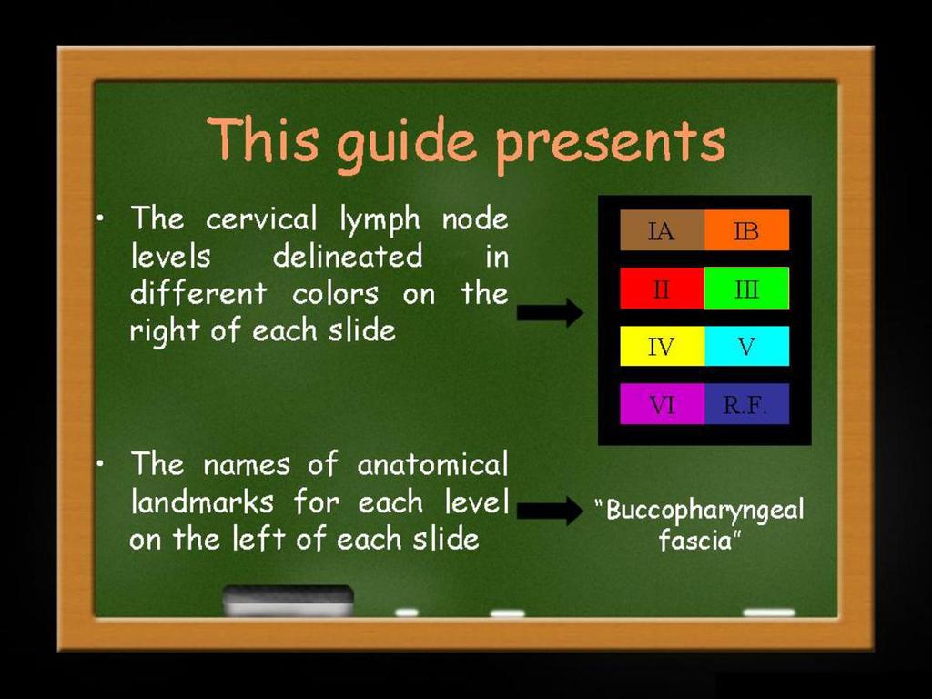 The names of anatomical landmarks for each level on the left of each slide The start and end of each level Fig.