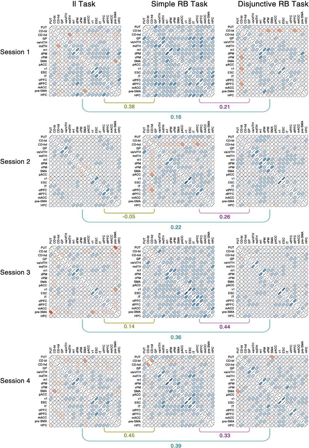 10 F.A. Soto et al. / NeuroImage 71 (2013) xxx xxx Fig. 5. Matrices of correlations between ROIs obtained in the classiﬁcation similarity analysis and their pairwise correlations within each session.