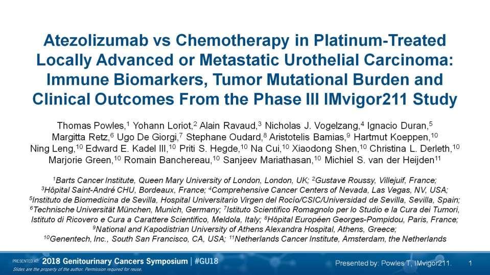 Atezolizumab vs Chemotherapy in Platinum-Treated Locally Advanced or Metastatic Urothelial Carcinoma: Immune Biomarkers, Tumor Mutational Burden and Clinical